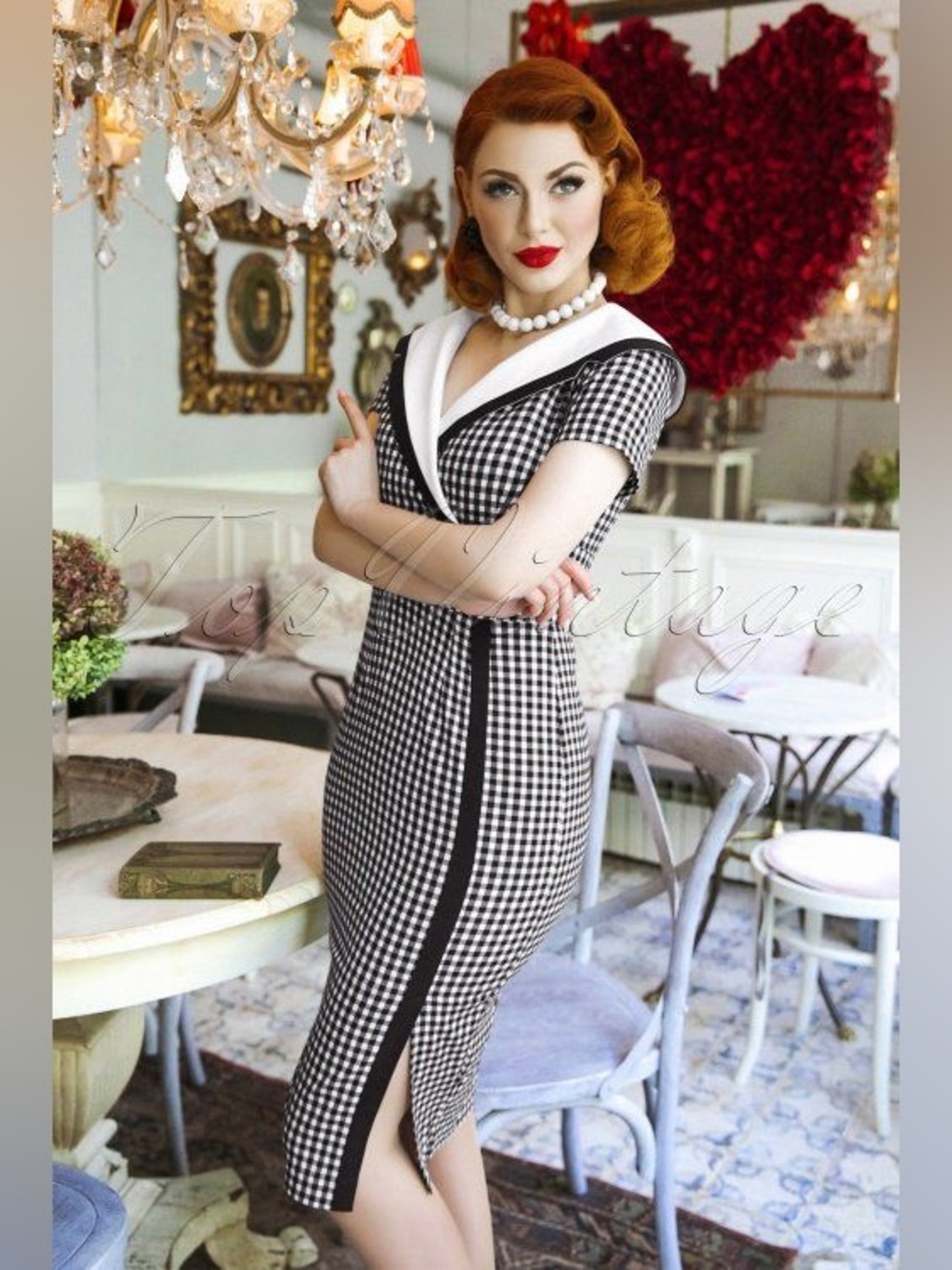 Vintage Diva Greta Gingham Off-the-Shoulder Collar Pencil Dress – Size Medium